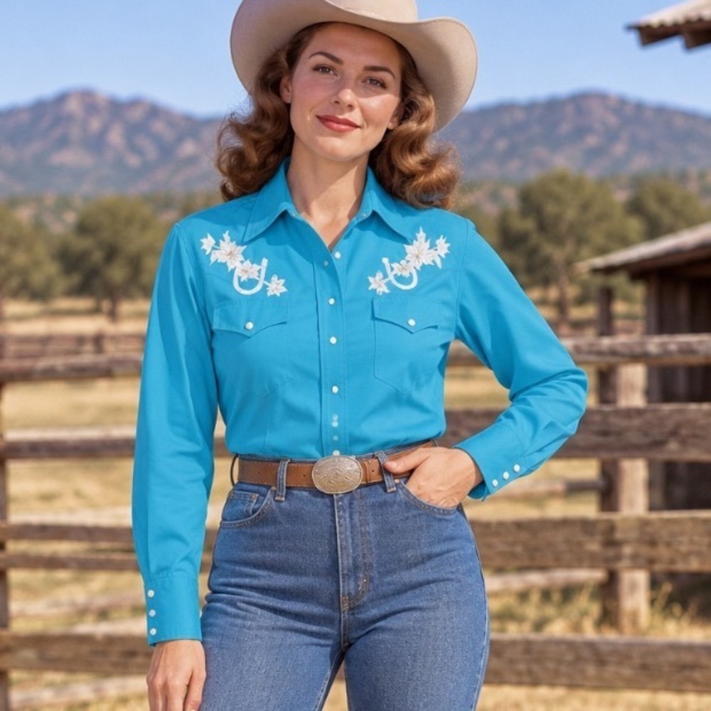 Karman Vtg 70's M Western Shirt Turquoise Blue Floral Horseshoe Embroidery Snaps
